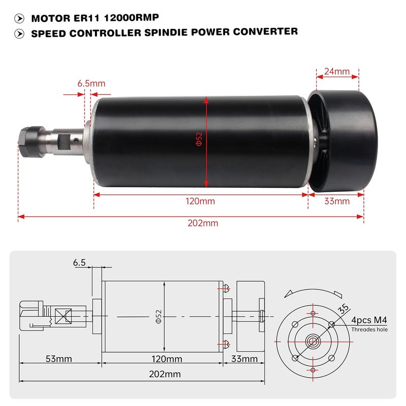 RATTMMOTOR 500W Spindle Motor CNC Air Cooled Spindle Motor ER11 12-100VDC 0.5NM 12000RPM + 52mm Spindle Motor Mount Clamp for CNC Router Milling Machine - Image 2